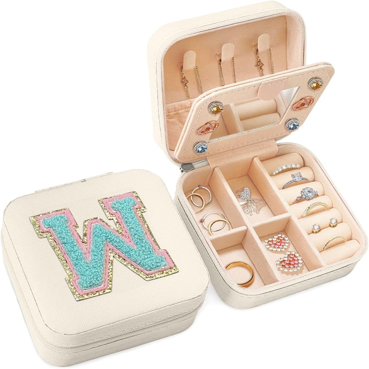 Personalized Jewelry Box, White Travel Jewelry Box, Small Monogrammed Jewelry Case Organizer for Girls Women Teen Kids, Mini Travel Essentials Gifts for Birthday Christmas