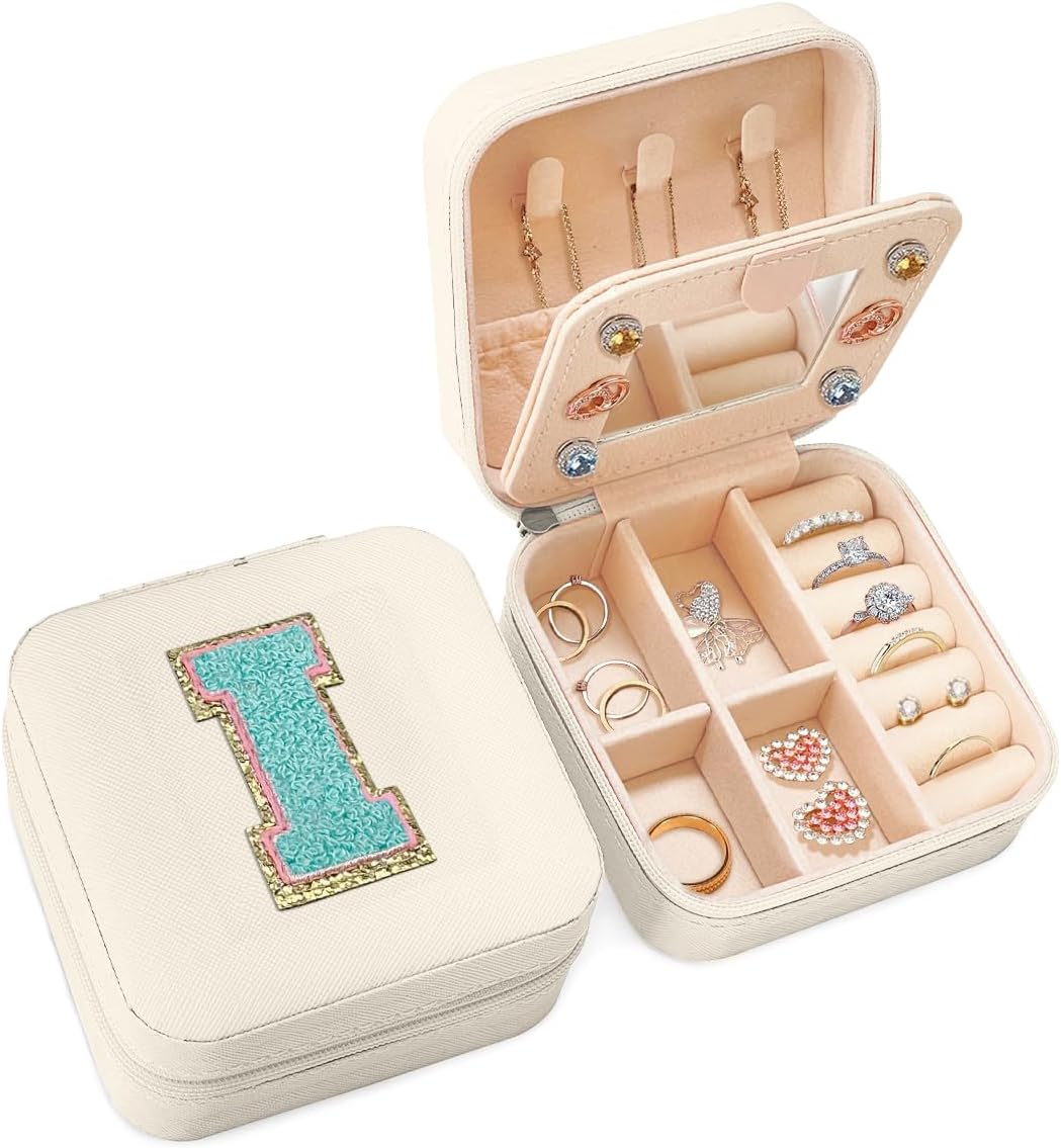 Personalized Jewelry Box, White Travel Jewelry Box, Small Monogrammed Jewelry Case Organizer for Girls Women Teen Kids, Mini Travel Essentials Gifts for Birthday Christmas