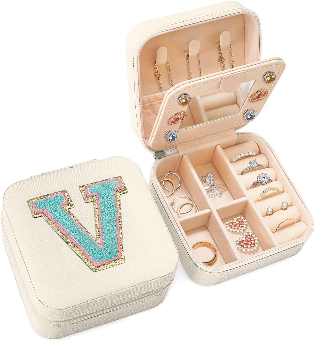 Personalized Jewelry Box, White Travel Jewelry Box, Small Monogrammed Jewelry Case Organizer for Girls Women Teen Kids, Mini Travel Essentials Gifts for Birthday Christmas