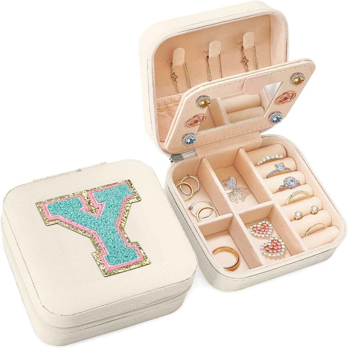 Personalized Jewelry Box, White Travel Jewelry Box, Small Monogrammed Jewelry Case Organizer for Girls Women Teen Kids, Mini Travel Essentials Gifts for Birthday Christmas