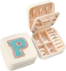 White Monogram Square Leather Travel Jewelry Case 4-Layer Sewing