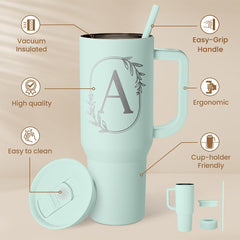 Personalized Monogrammed Tumbler with Handle 40oz, Tumblers Insulated Coffee Travel Cup, Custom Initial Gift for Women Girls Friends, Monogram Gift for Christmas Birthday Mothers Day