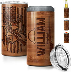 Personalized Hunting Can Cooler Wood Engraved Style American Flag