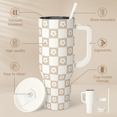 Checker Tumbler with Handle and Straw 40oz – Stainless Sleel Slider Tumbler Travel Coffee Mug for Women - Gift Idea for Birthday Christmas