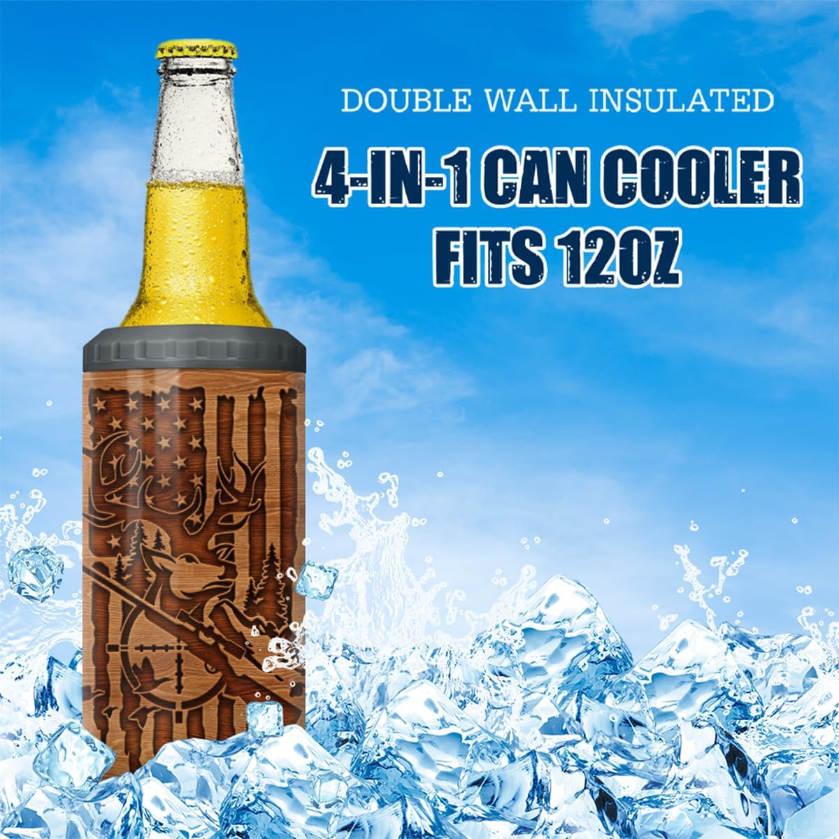 Personalized Hunting Can Cooler Wood Engraved Style American Flag