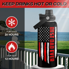 Thermos with American flag design and 'Best Dad Ever' text, set against a scenic background.