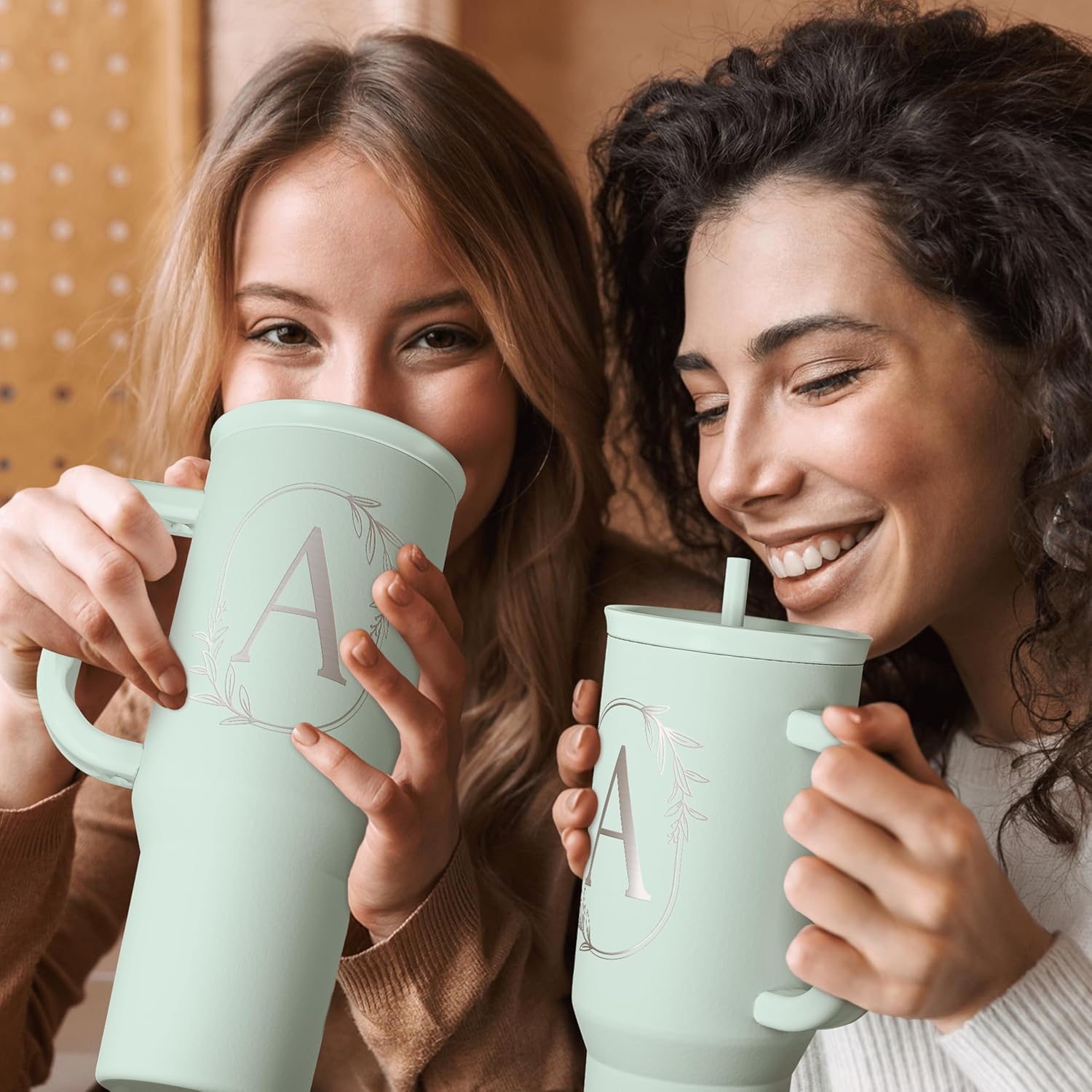 Personalized Monogrammed Tumbler with Handle 40oz, Tumblers Insulated Coffee Travel Cup, Custom Initial Gift for Women Girls Friends, Monogram Gift for Christmas Birthday Mothers Day