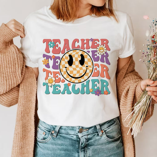 Sandjest Teacher Shirt, Teacher Happy Face, Teacher Gift, Teacher Appreciation T-shirt, Teacher Life Shirt,Retro Shirt