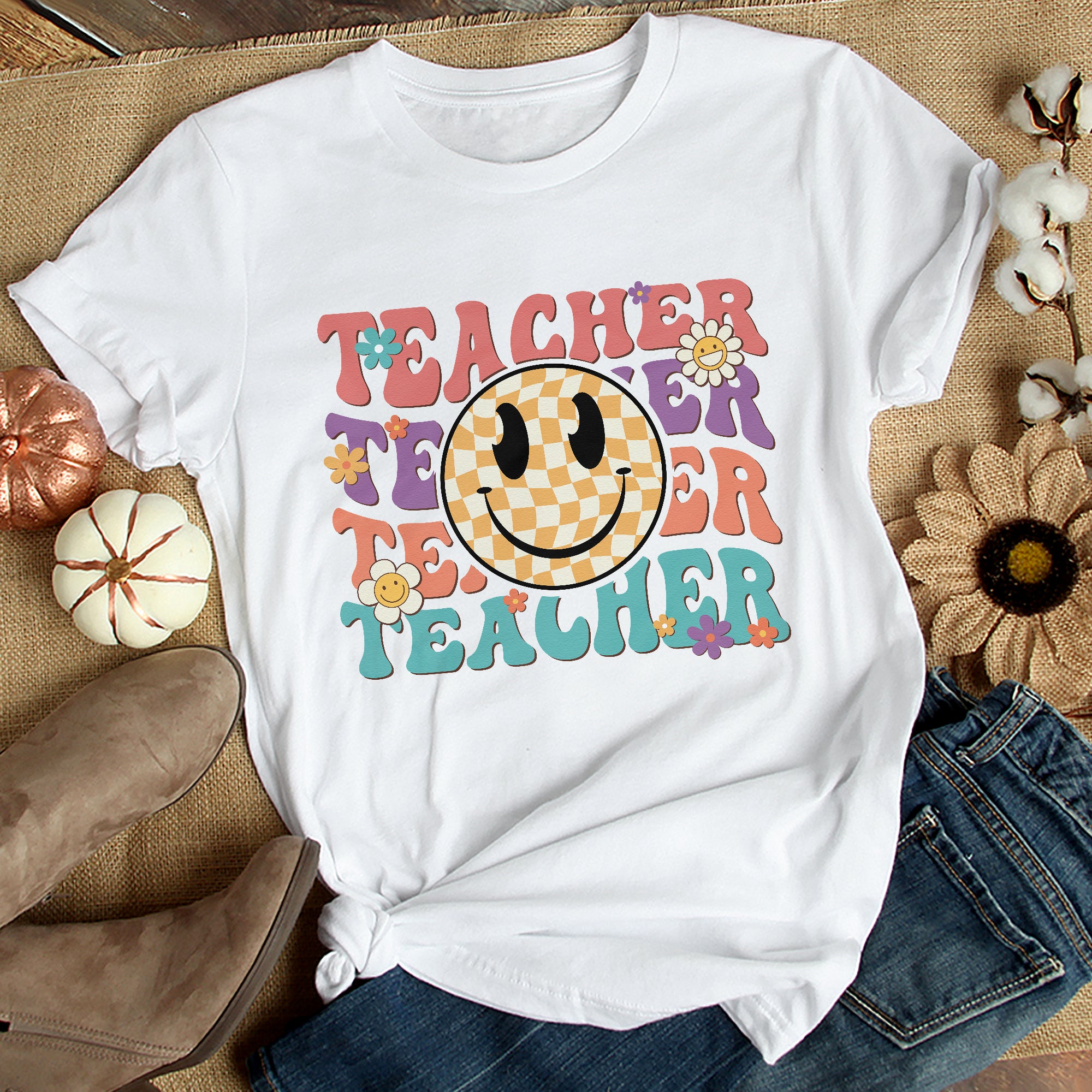 Sandjest Teacher Shirt, Teacher Happy Face, Teacher Gift, Teacher Appreciation T-shirt, Teacher Life Shirt,Retro Shirt