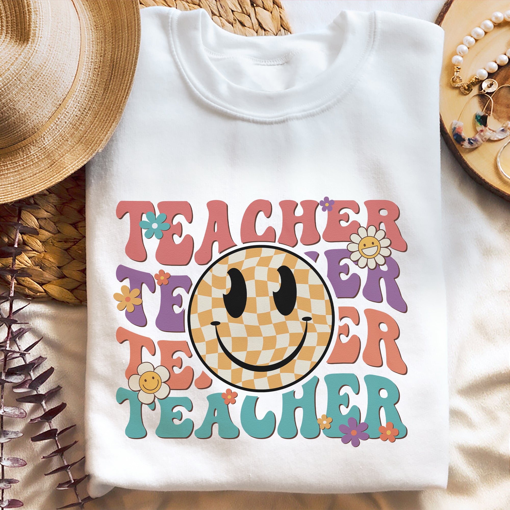 Sandjest Teacher Shirt, Teacher Happy Face, Teacher Gift, Teacher Appreciation T-shirt, Teacher Life Shirt,Retro Shirt