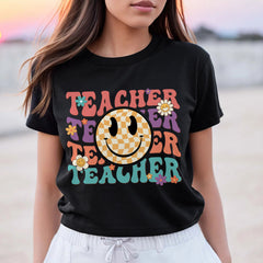 Sandjest Teacher Shirt, Teacher Happy Face, Teacher Gift, Teacher Appreciation T-shirt, Teacher Life Shirt,Retro Shirt