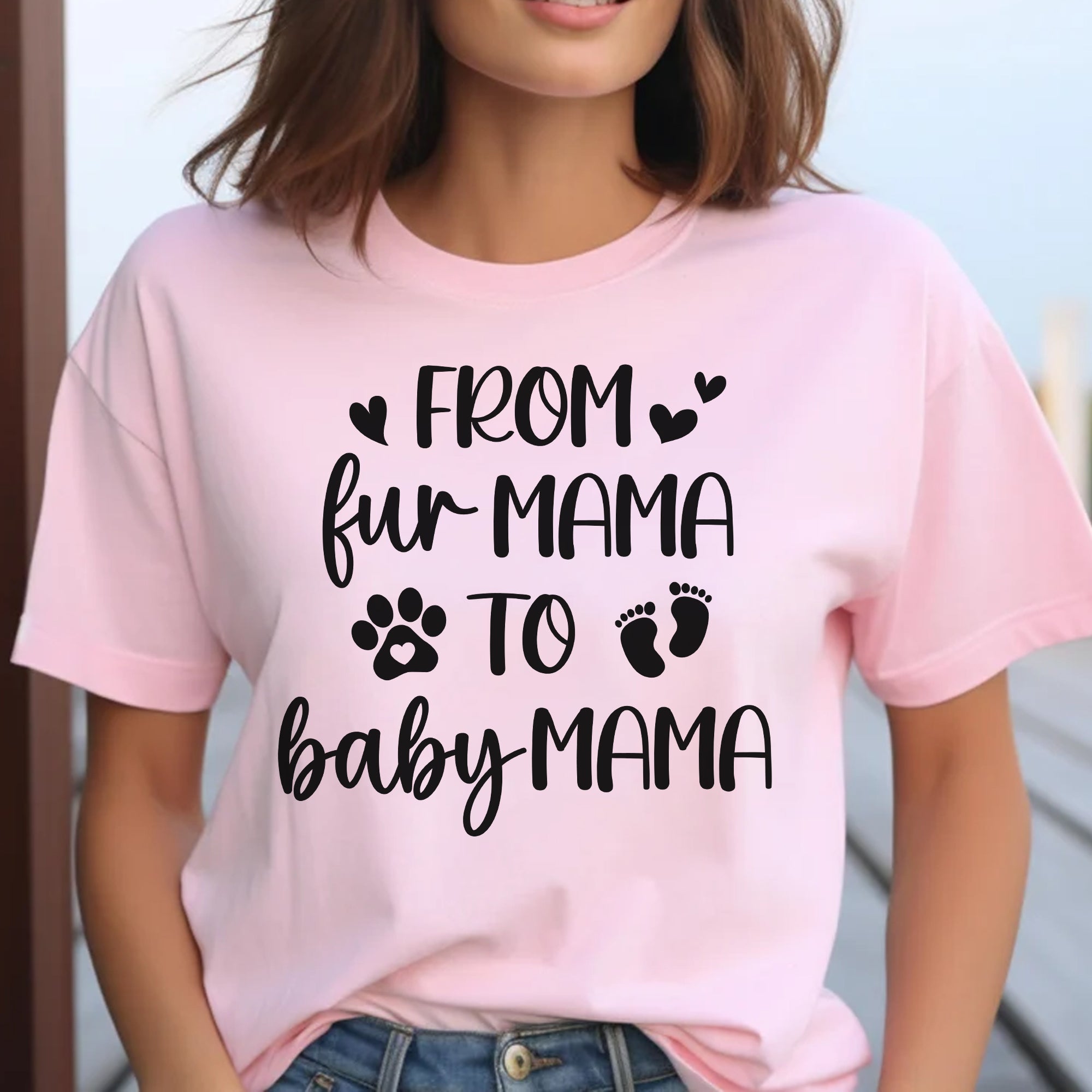 Sandjest New Mom T-Shirt from Fur Mama to Baby Mama Gift for Women Girl Dog Lover Cat Lover