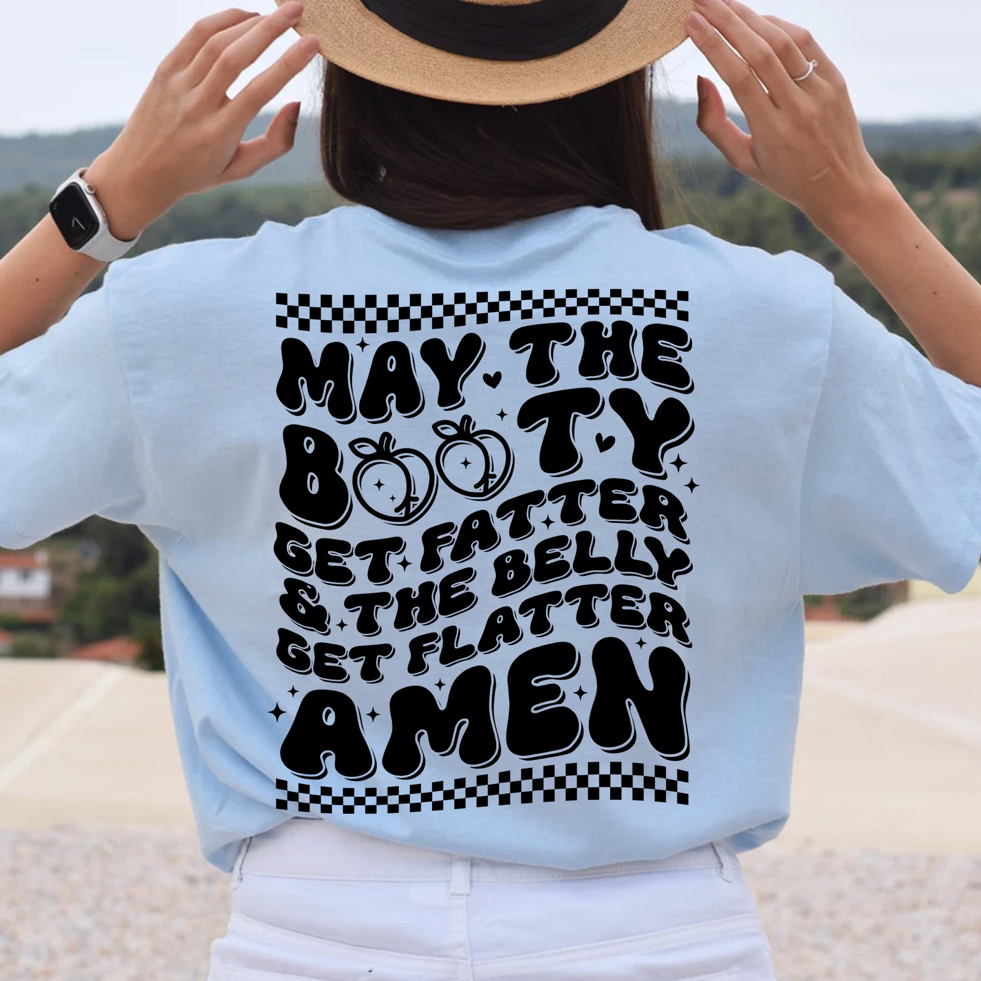 Sandjest Funny T-Shirt the Belly Get Flatter Amen Black Version Gift for Girl Women Friend