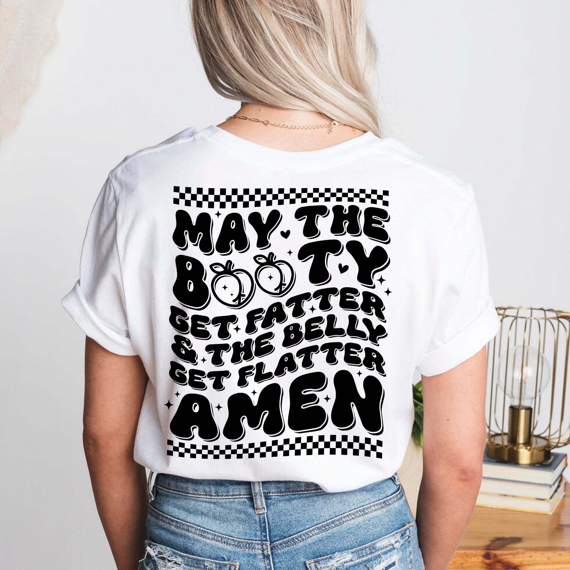 Sandjest Funny T-Shirt the Belly Get Flatter Amen Black Version Gift for Girl Women Friend