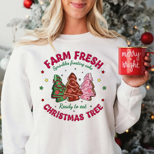 Sandjest Farm Fresh Christmas Tree Cake Tshirt, Christmas Tree Farm Tee, Merry Christmas Shirt, Retro Christmas Sweater, Merry and Bright