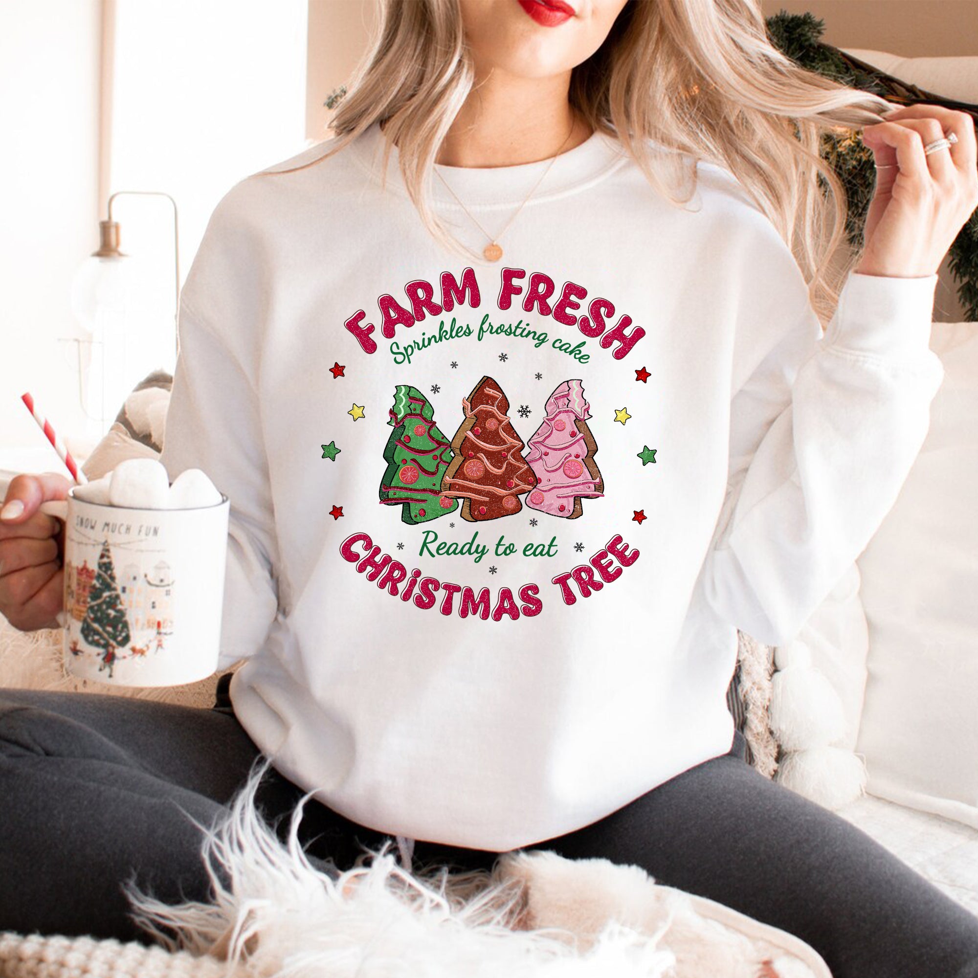 Sandjest Farm Fresh Christmas Tree Cake Sweatshirt, Christmas Tree Farm Sweater, Merry Christmas Shirt, Retro Christmas Sweater, Merry and Bright