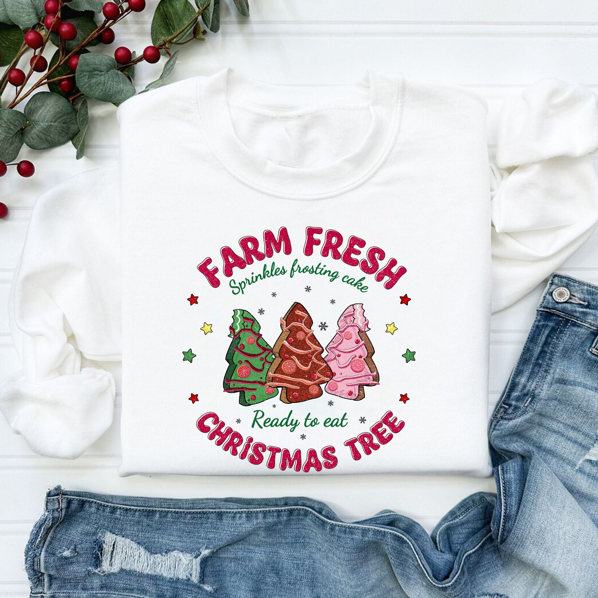 Sandjest Farm Fresh Christmas Tree Cake Tshirt, Christmas Tree Farm Tee, Merry Christmas Shirt, Retro Christmas Sweater, Merry and Bright