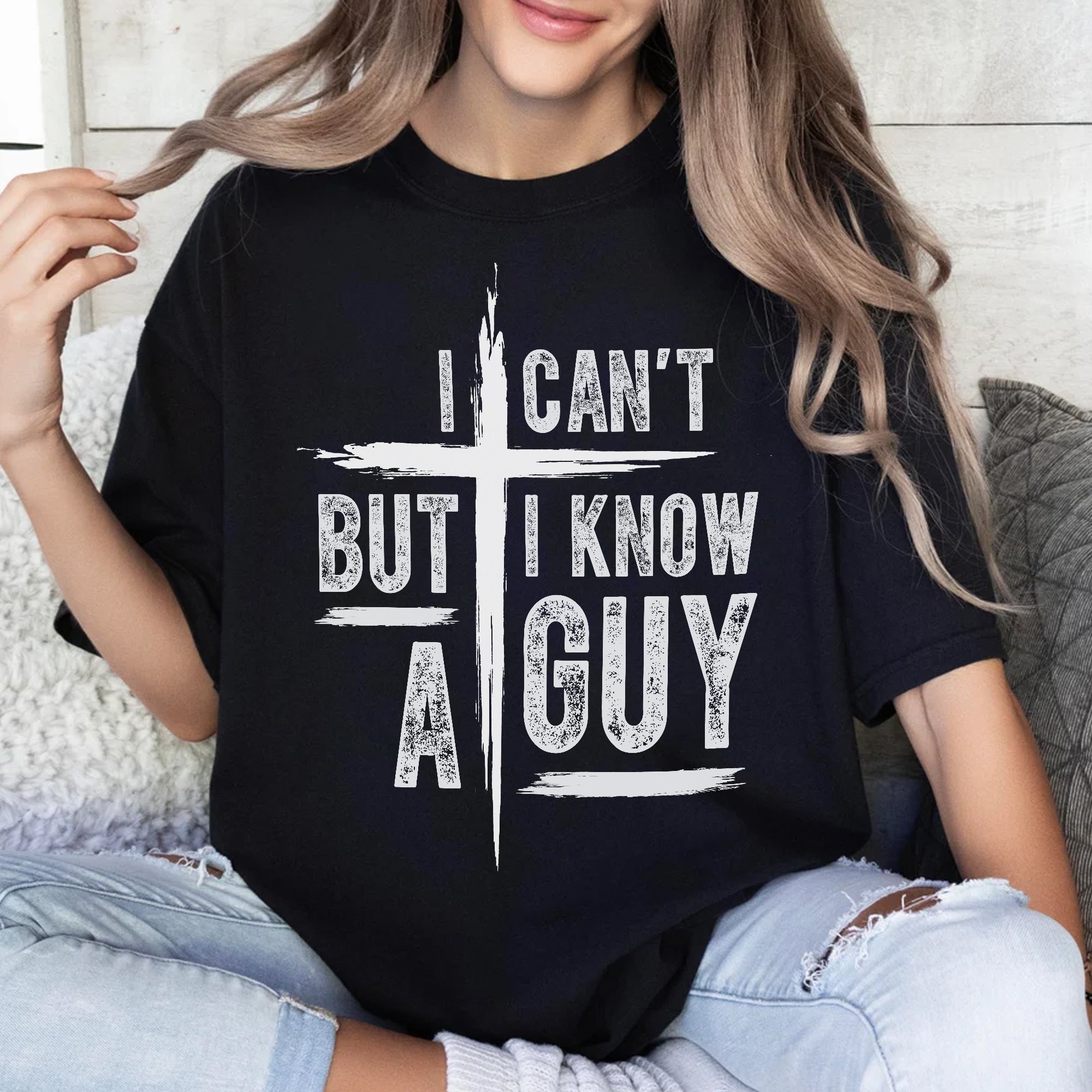 Sandjest Christian T-Shirt I Can?t but I Know a Guy Gift for Women Girl Friend Jesus Lover Bible Lover