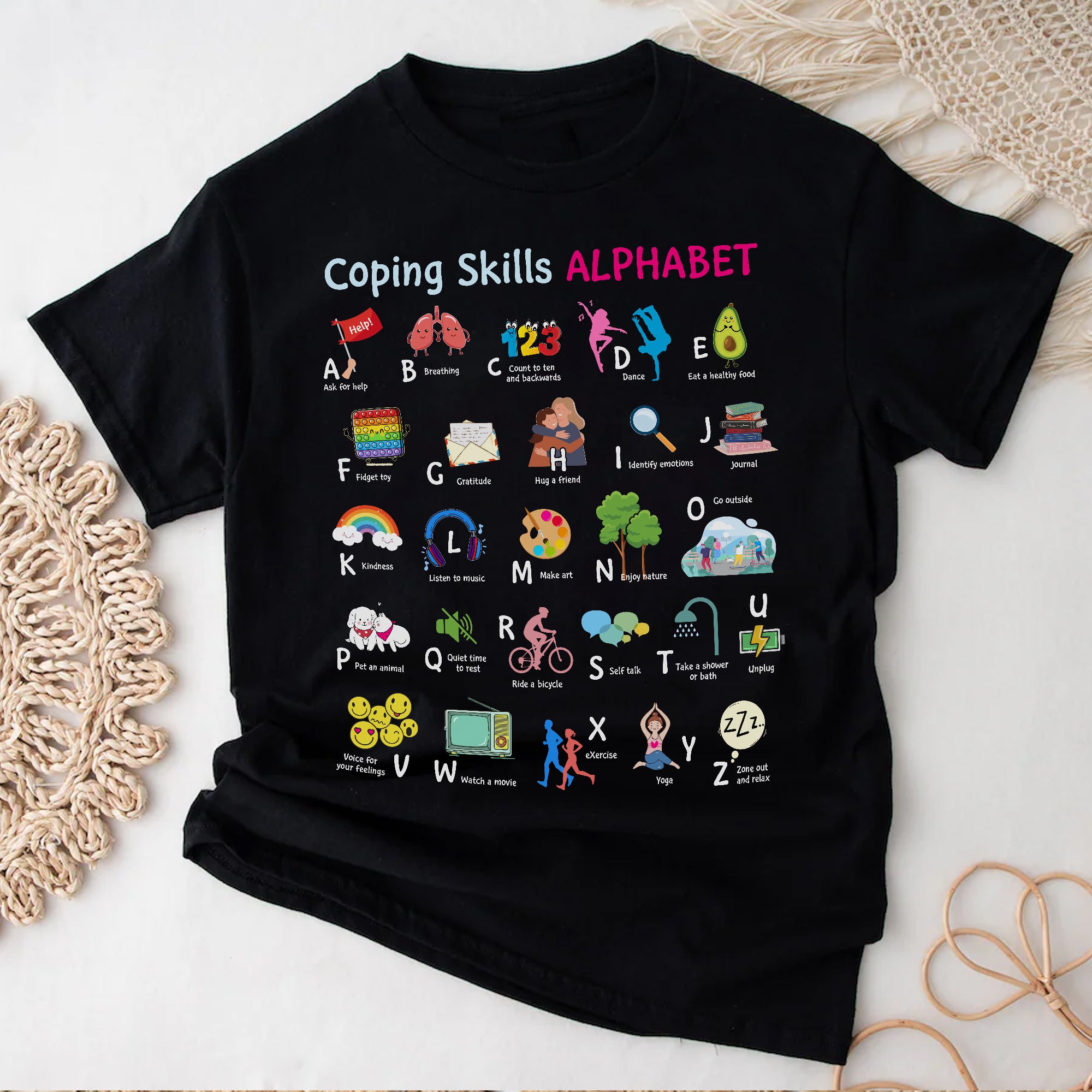 Sandjest Inspirational T-Shirt Coping Skills Alphabet Gift for Women Girl Friend
