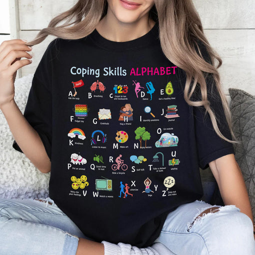 Sandjest Inspirational T-Shirt Coping Skills Alphabet Gift for Women Girl Friend