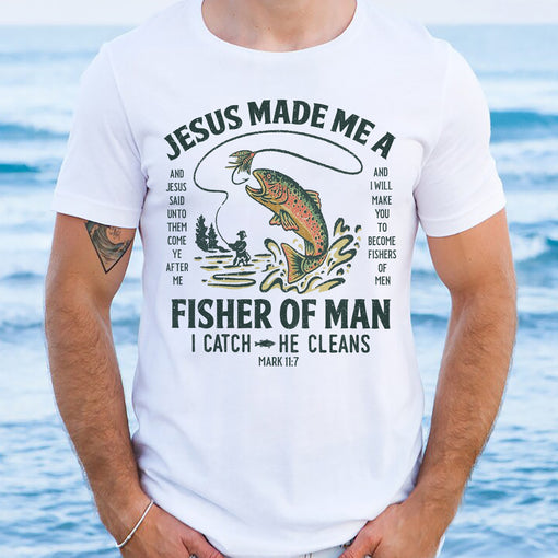 Sandjest Christian T-Shirt Jesus Made Me a Fisher of Man Gift for Women Girl Friend Jesus Lover Bible Lover