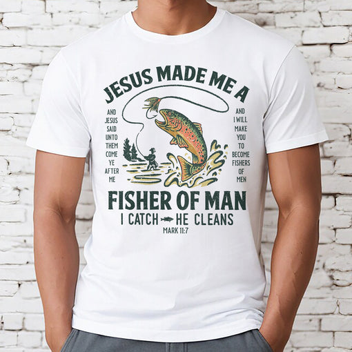 Sandjest Christian T-Shirt Jesus Made Me a Fisher of Man Gift for Women Girl Friend Jesus Lover Bible Lover