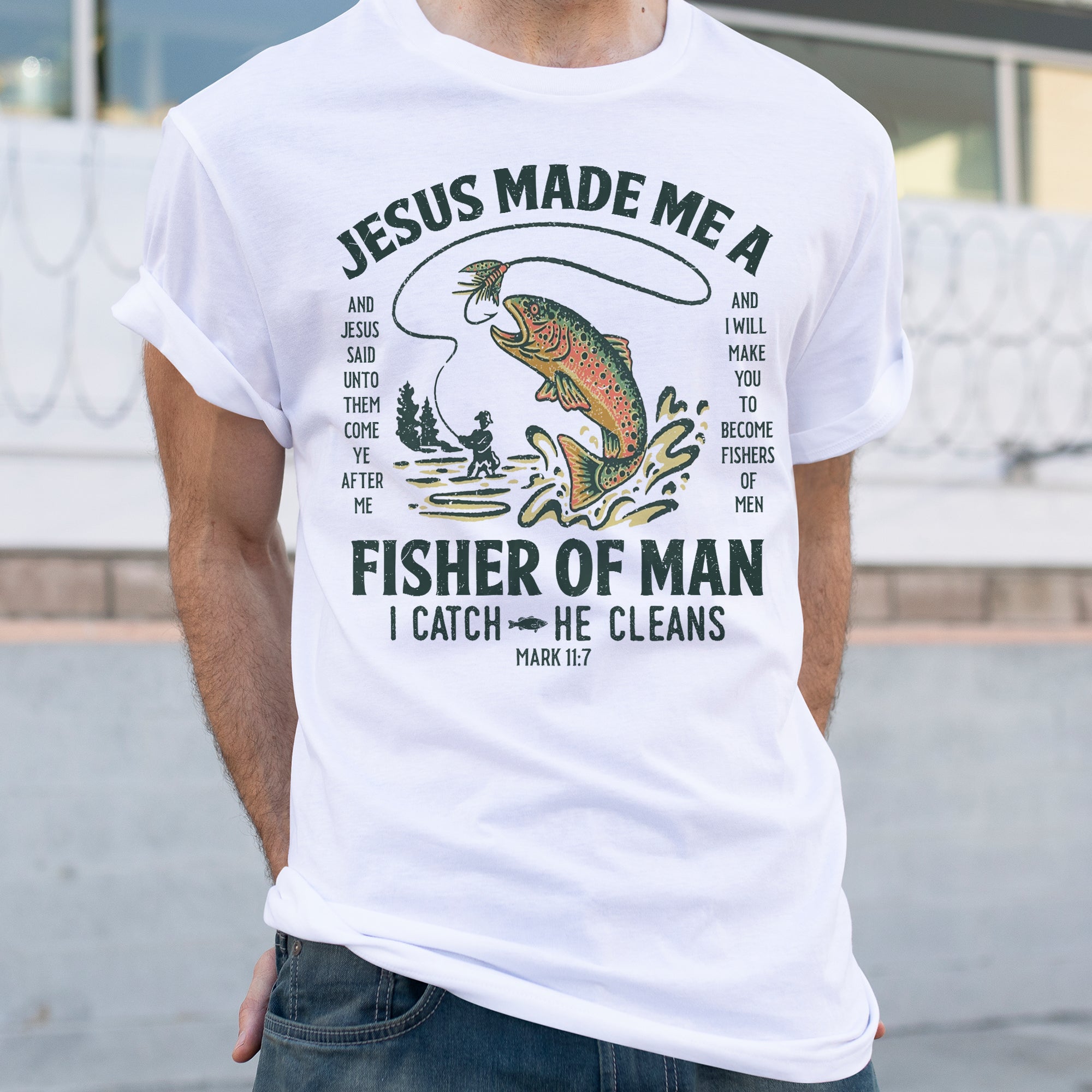 Sandjest Christian T-Shirt Jesus Made Me a Fisher of Man Gift for Women Girl Friend Jesus Lover Bible Lover