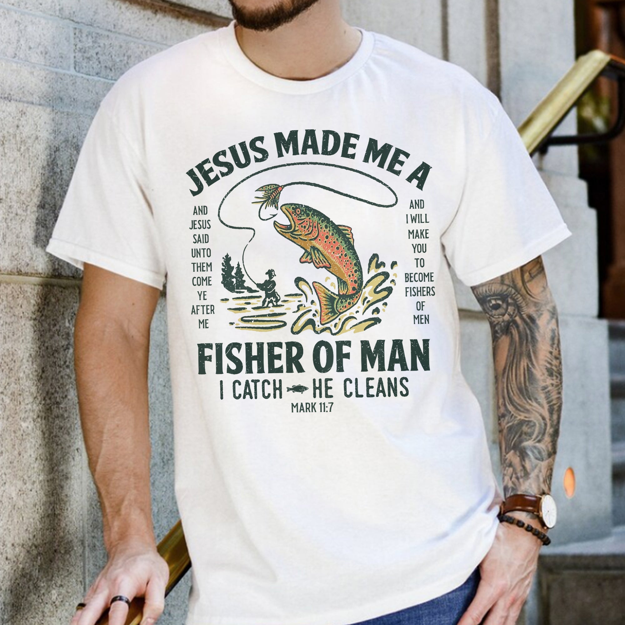 Sandjest Christian T-Shirt Jesus Made Me a Fisher of Man Gift for Women Girl Friend Jesus Lover Bible Lover