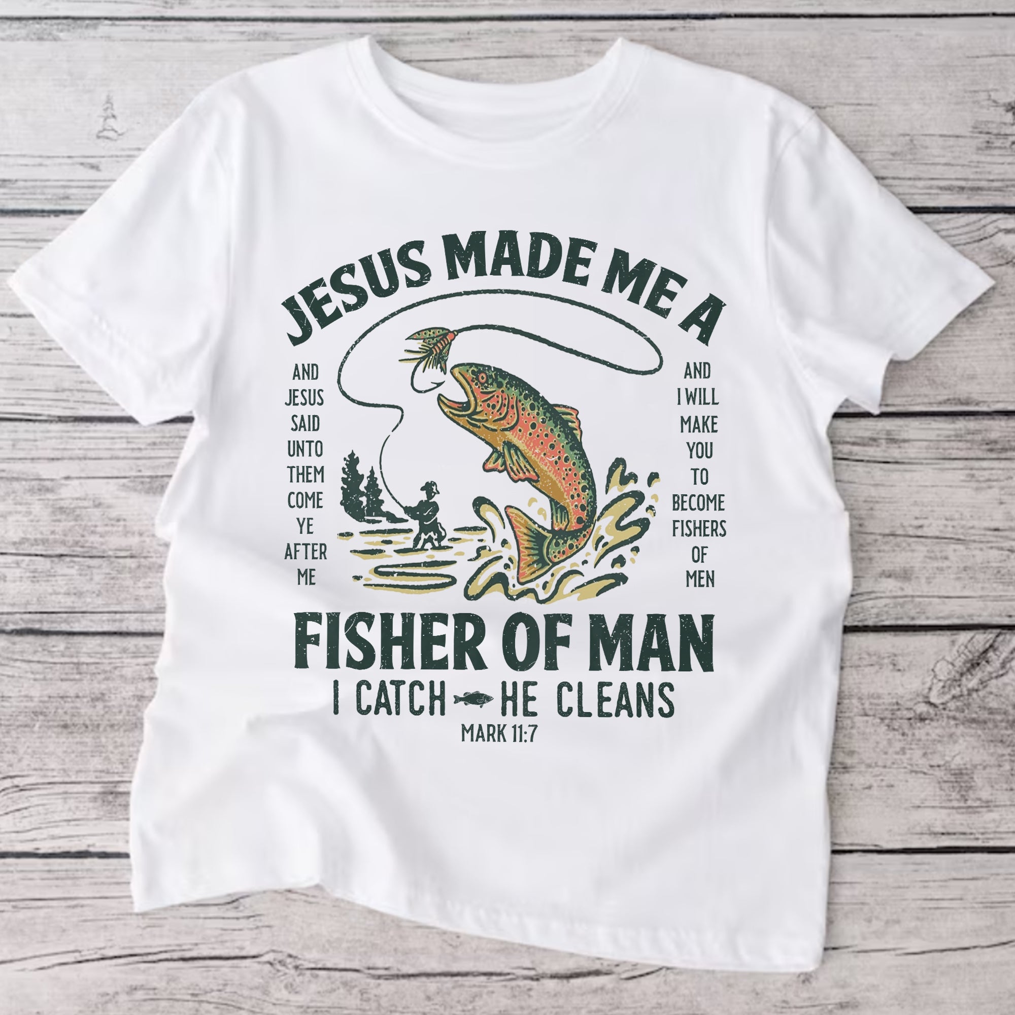 Sandjest Christian T-Shirt Jesus Made Me a Fisher of Man Gift for Women Girl Friend Jesus Lover Bible Lover