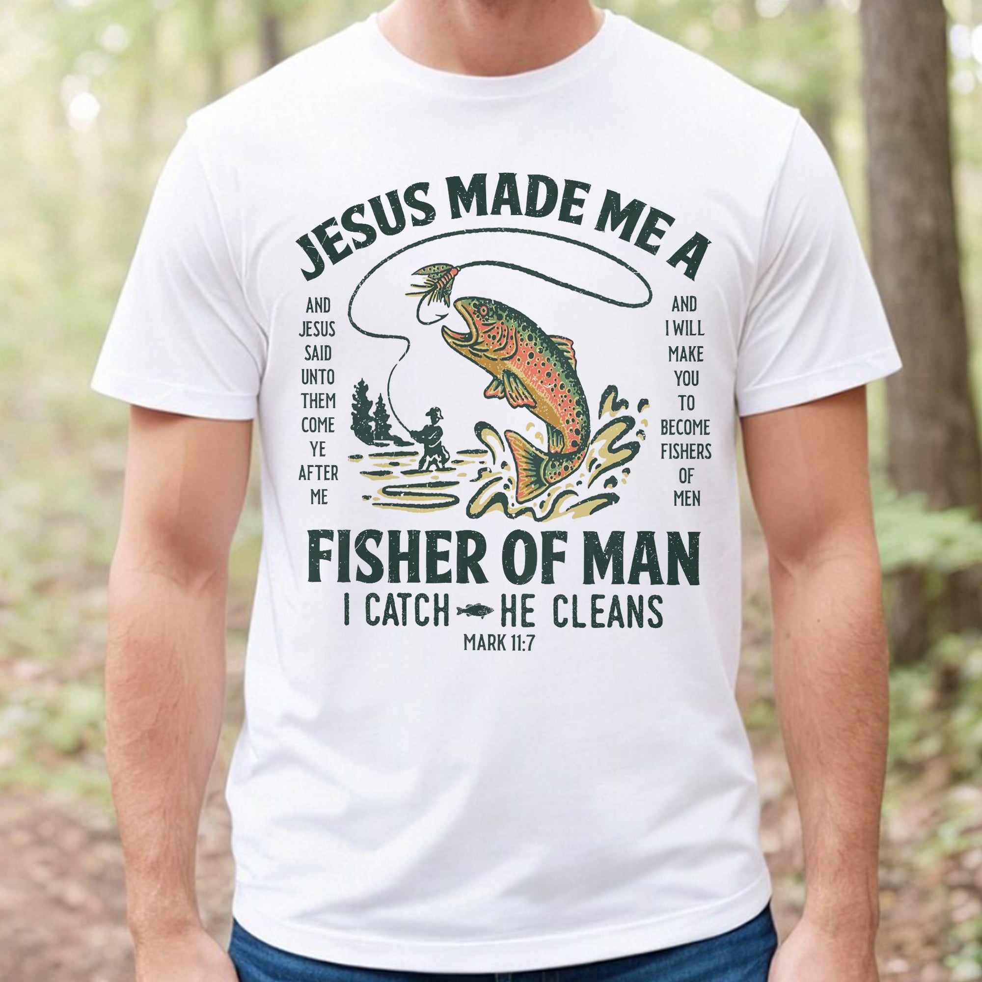 Sandjest Christian T-Shirt Jesus Made Me a Fisher of Man Gift for Women Girl Friend Jesus Lover Bible Lover