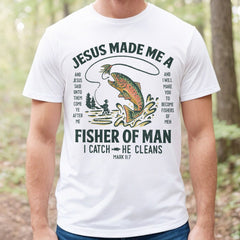 Sandjest Christian T-Shirt Jesus Made Me a Fisher of Man Gift for Women Girl Friend Jesus Lover Bible Lover