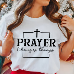 Sandjest Christian T-Shirt Prayer Changes Things Gift for Women Girl Jesus Lover Bible Lovers
