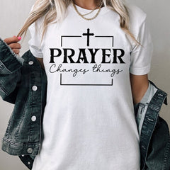 Sandjest Christian T-Shirt Prayer Changes Things Gift for Women Girl Jesus Lover Bible Lovers