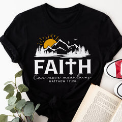 Sandjest Christian T-Shirt Faith Can Move Mountains Gift for Women Jesus Lover Bible Lover