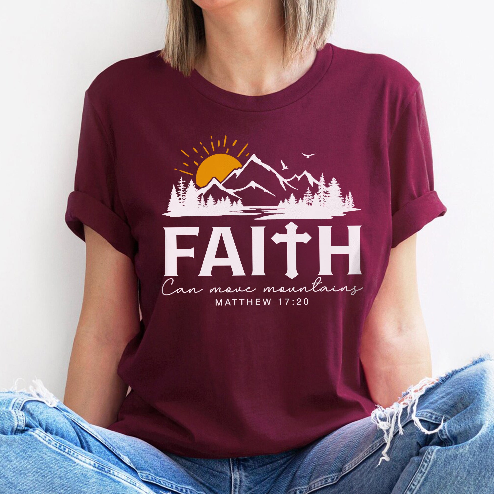 Sandjest Christian T-Shirt Faith Can Move Mountains Gift for Women Jesus Lover Bible Lover