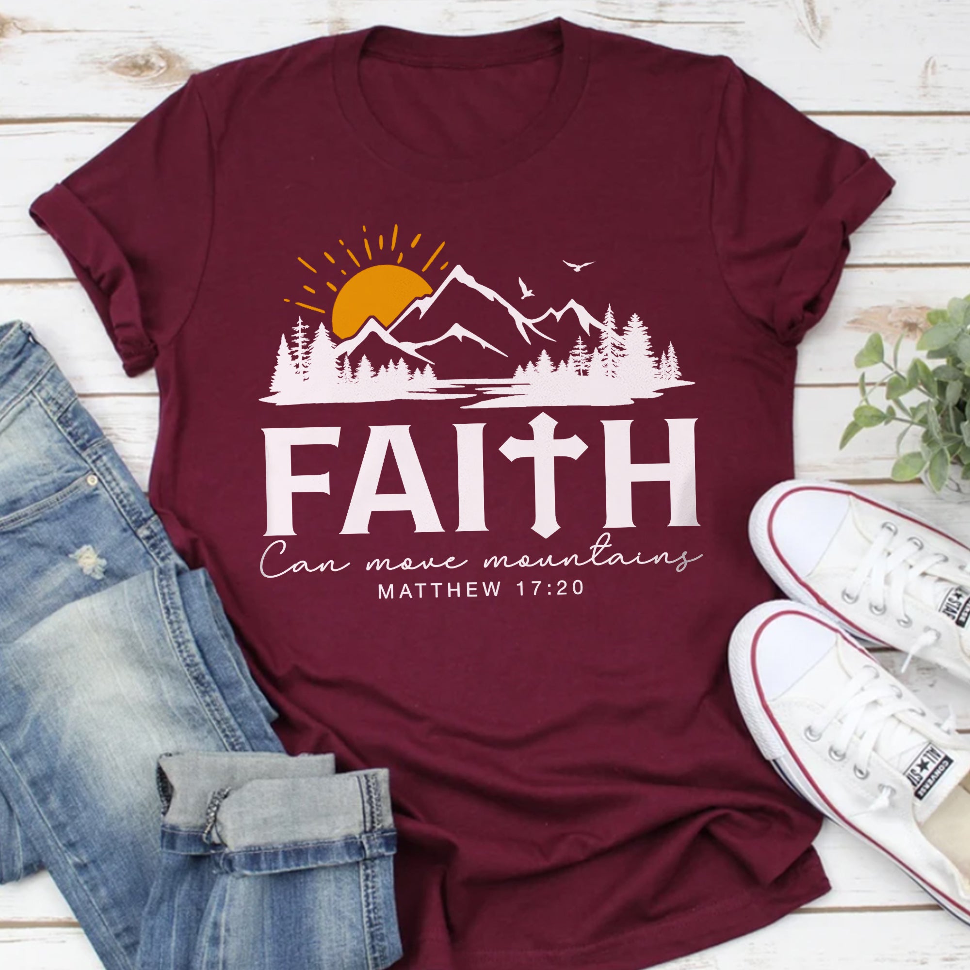 Sandjest Christian T-Shirt Faith Can Move Mountains Gift for Women Jesus Lover Bible Lover