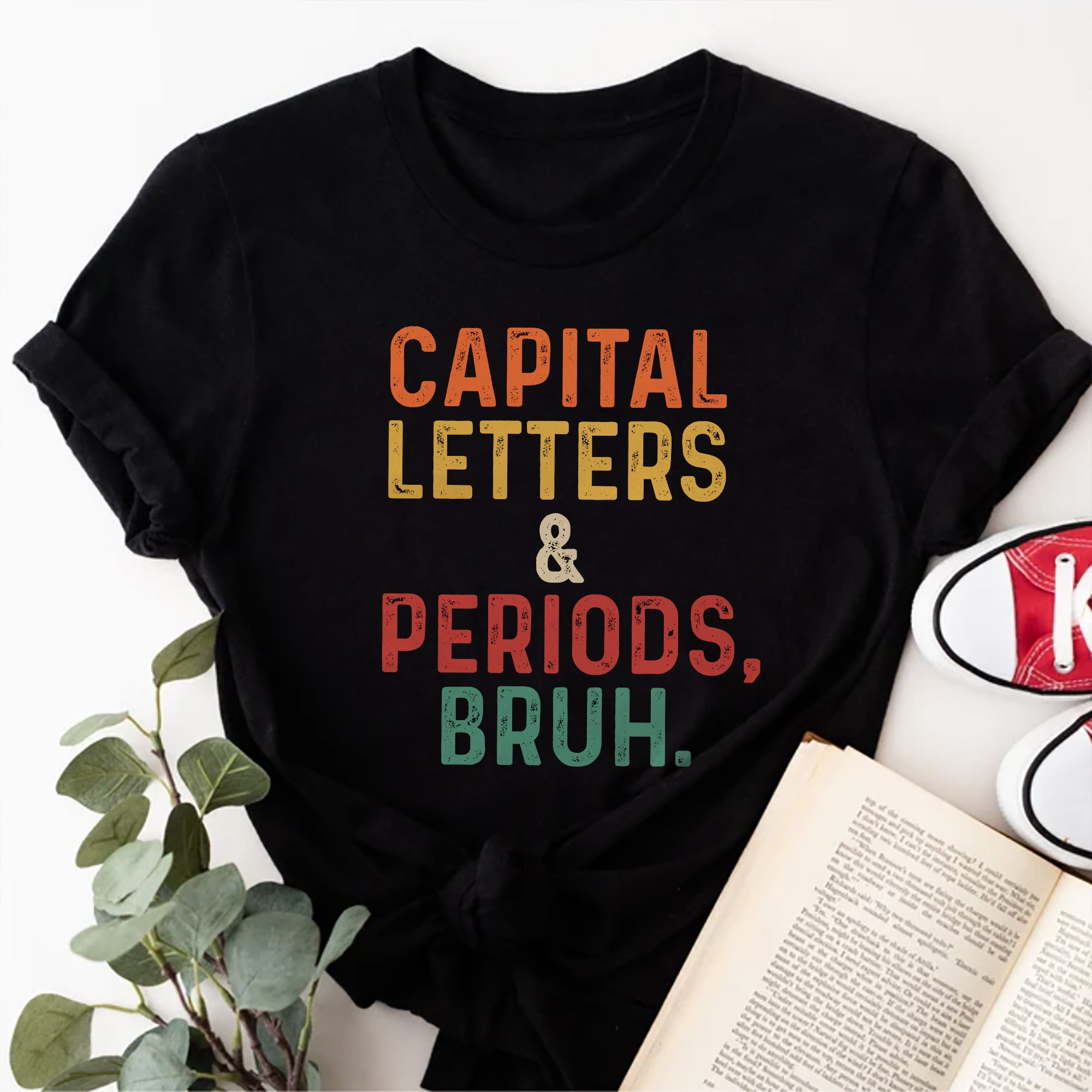 Sandjest English Teacher T-Shirt Capital Letters and Periods Bruh Gift for Women Mother Mommy