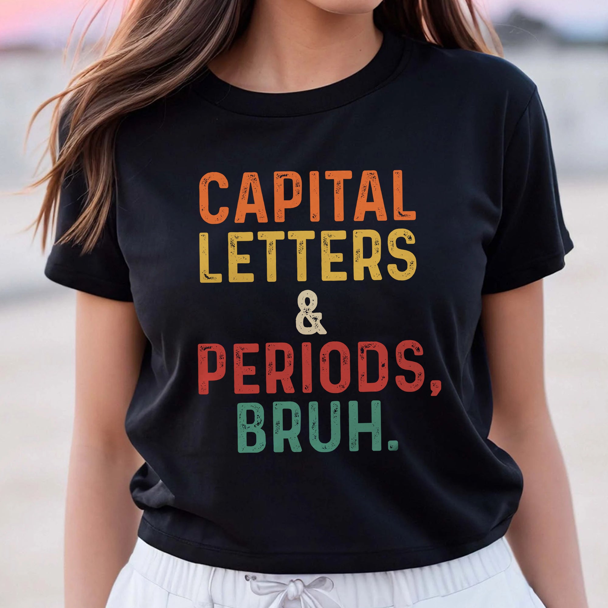 Sandjest English Teacher T-Shirt Capital Letters and Periods Bruh Gift for Women Mother Mommy