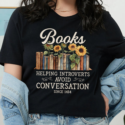 Sandjest Book Lover T-Shirt Books Helping Introverts Avoid Conversation Gift for Women Girl Friend