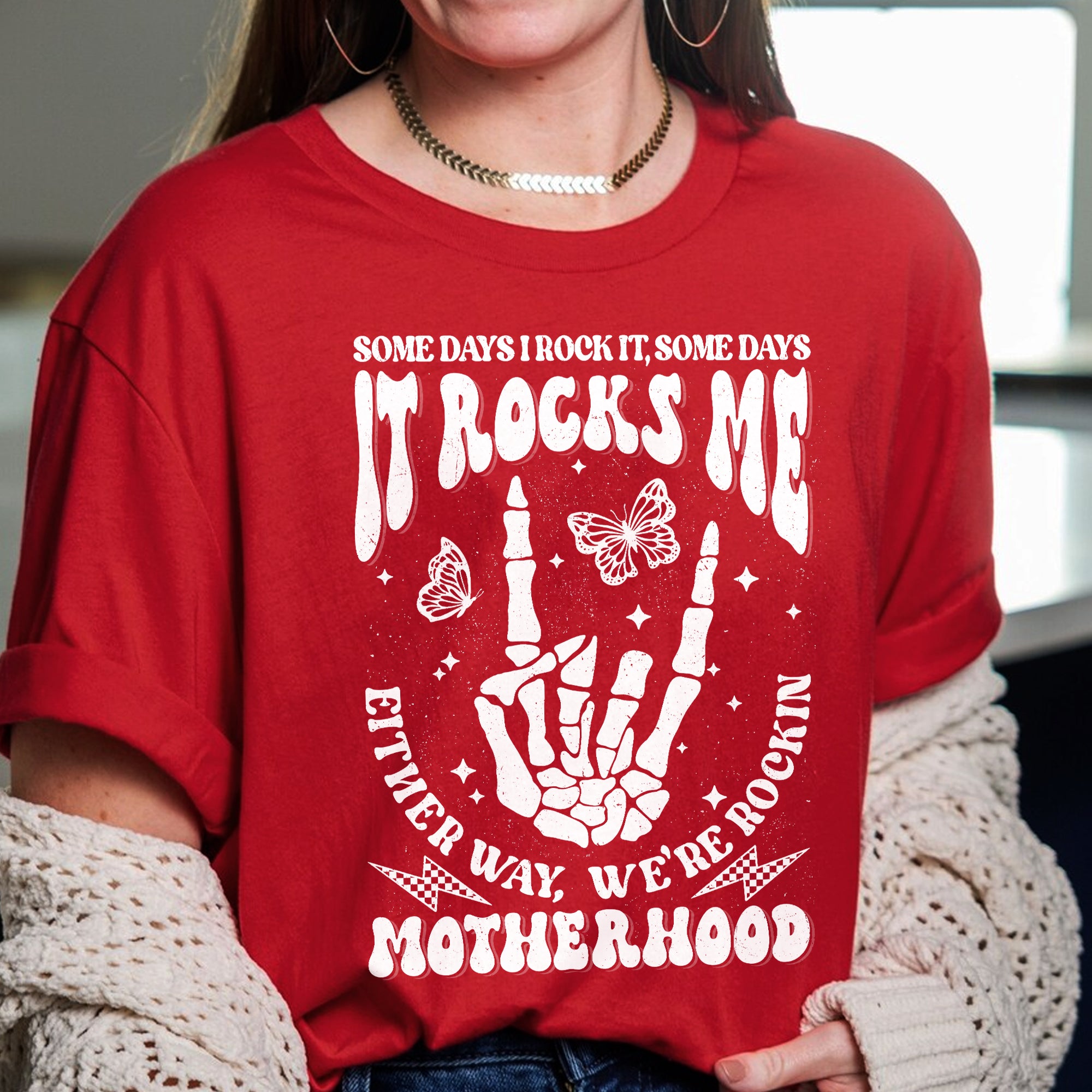 Sandjest Motherhood Shirt, Funny Mom Shirt, Skeleton Rocking Motherhood Graphic Tee, Trendy Mom Life Shirt, Shirt Gift for Cool Mom