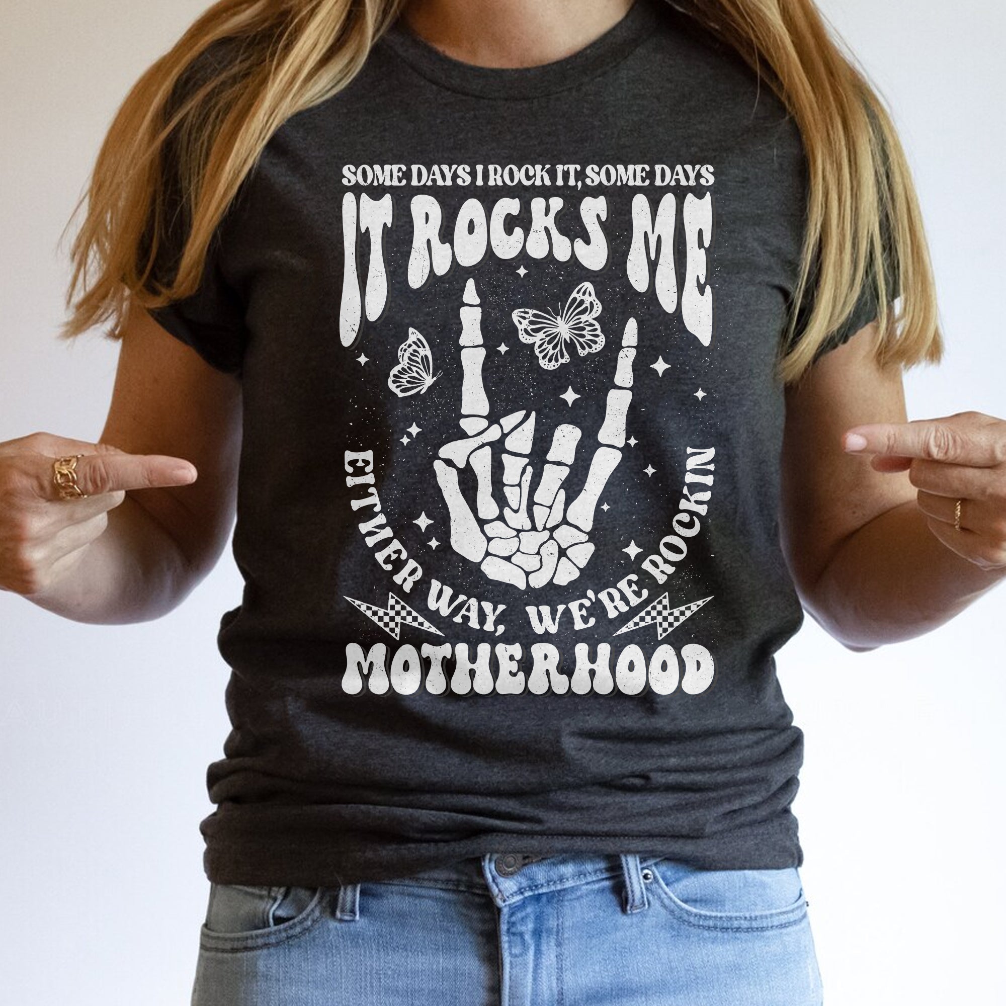 Sandjest Motherhood Shirt, Funny Mom Shirt, Skeleton Rocking Motherhood Graphic Tee, Trendy Mom Life Shirt, Shirt Gift for Cool Mom