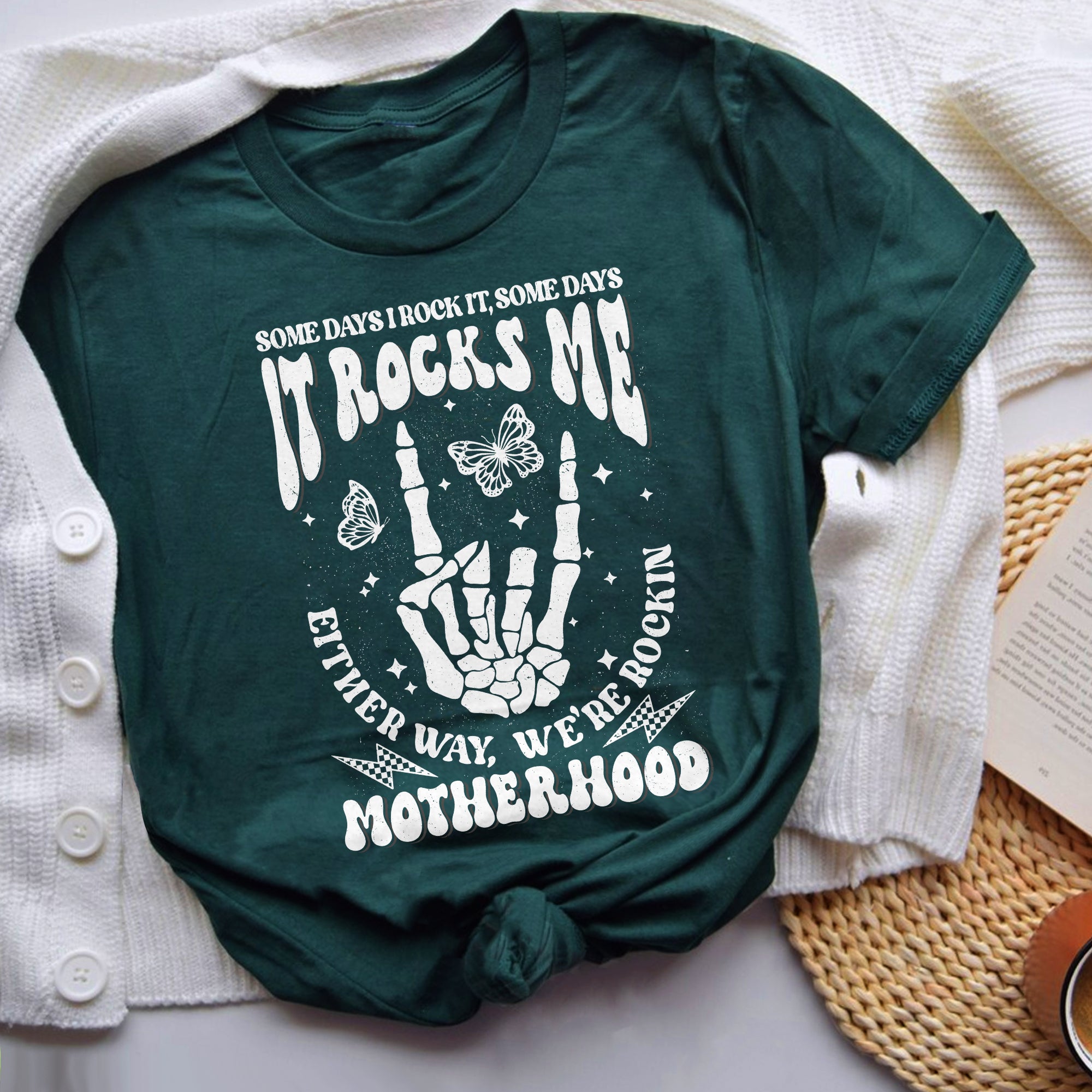 Sandjest Motherhood Shirt, Funny Mom Shirt, Skeleton Rocking Motherhood Graphic Tee, Trendy Mom Life Shirt, Shirt Gift for Cool Mom