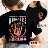 Sandjest Motherhood Shirt Hologram Style, Funny Mom Shirt, Skeleton Rocking Motherhood Graphic Tee, Trendy Mom Life Shirt, Shirt Gift for Cool Mom Cotton Fabric