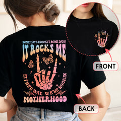 Sandjest Motherhood Shirt Hologram Style, Funny Mom Shirt, Skeleton Rocking Motherhood Graphic Tee, Trendy Mom Life Shirt, Shirt Gift for Cool Mom Cotton Fabric