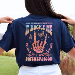 Sandjest Motherhood Shirt Hologram Style, Funny Mom Shirt, Skeleton Rocking Motherhood Graphic Tee, Trendy Mom Life Shirt, Shirt Gift for Cool Mom Cotton Fabric