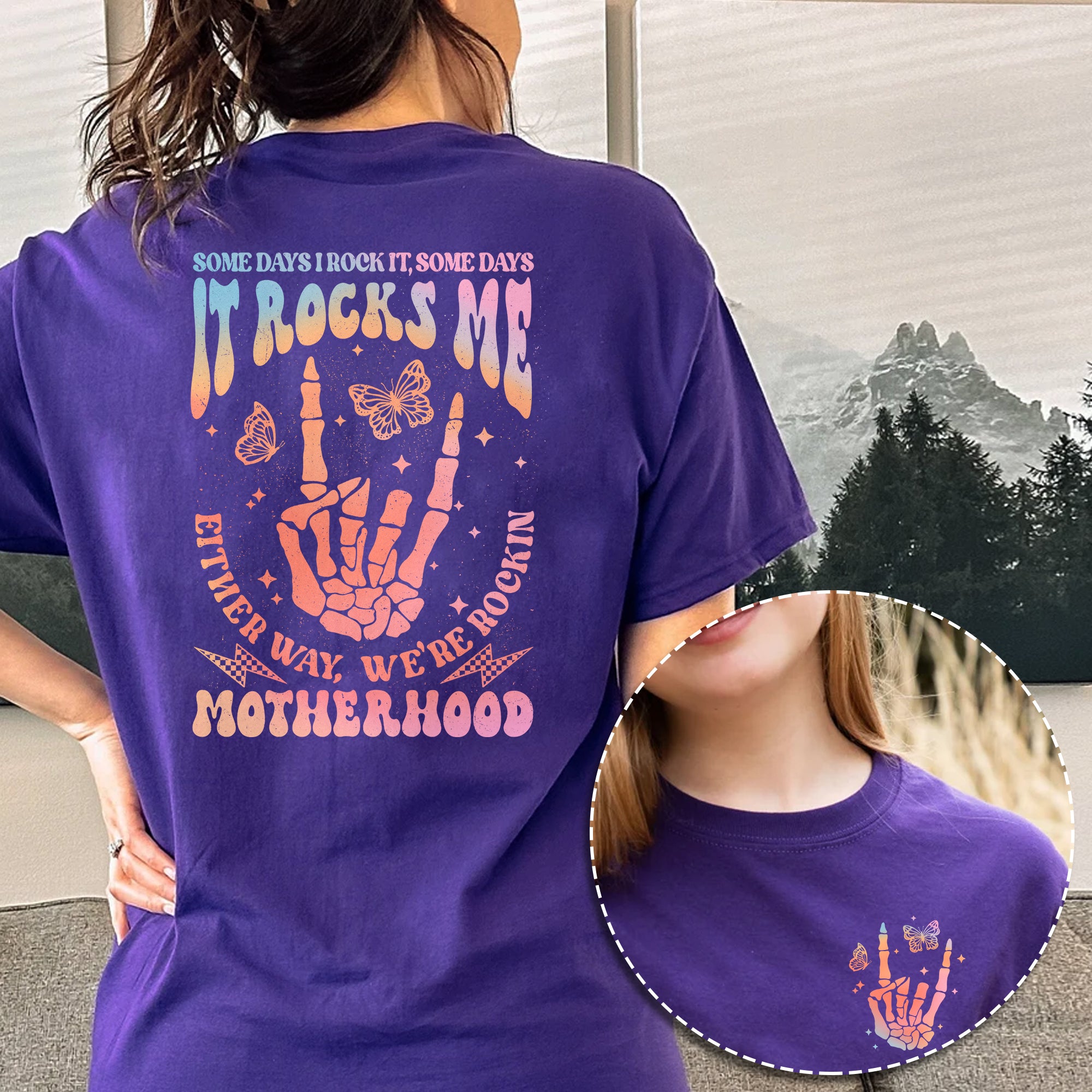 Sandjest Motherhood Shirt Hologram Style, Funny Mom Shirt, Skeleton Rocking Motherhood Graphic Tee, Trendy Mom Life Shirt, Shirt Gift for Cool Mom Cotton Fabric