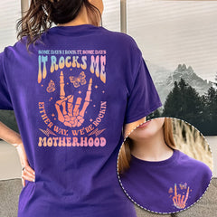 Sandjest Motherhood Shirt Hologram Style, Funny Mom Shirt, Skeleton Rocking Motherhood Graphic Tee, Trendy Mom Life Shirt, Shirt Gift for Cool Mom Cotton Fabric