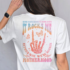 Sandjest Motherhood Shirt Hologram Style, Funny Mom Shirt, Skeleton Rocking Motherhood Graphic Tee, Trendy Mom Life Shirt, Shirt Gift for Cool Mom Cotton Fabric