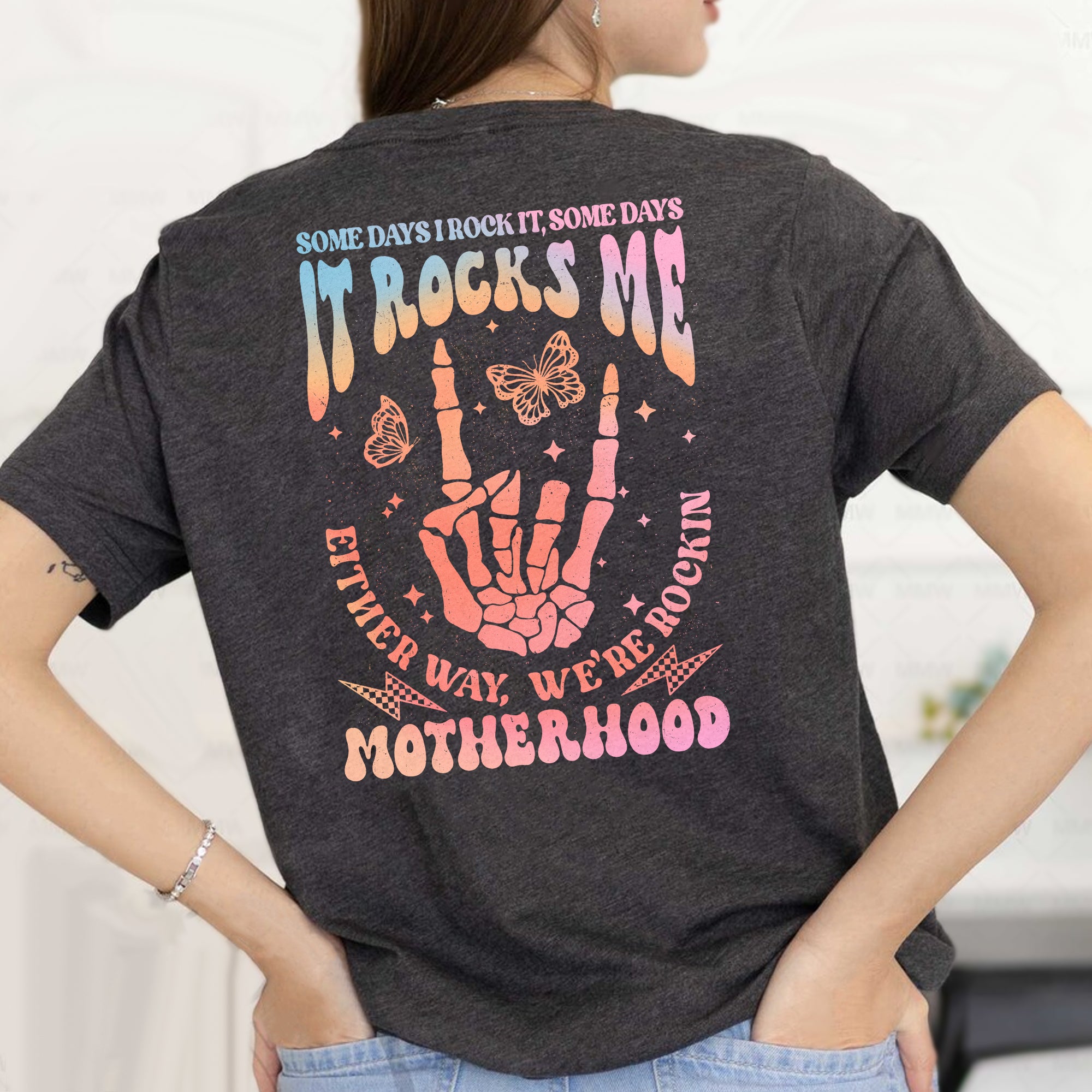 Sandjest Motherhood Shirt Hologram Style, Funny Mom Shirt, Skeleton Rocking Motherhood Graphic Tee, Trendy Mom Life Shirt, Shirt Gift for Cool Mom Cotton Fabric