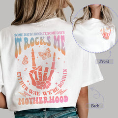 Sandjest Motherhood Shirt Hologram Style, Funny Mom Shirt, Skeleton Rocking Motherhood Graphic Tee, Trendy Mom Life Shirt, Shirt Gift for Cool Mom Cotton Fabric